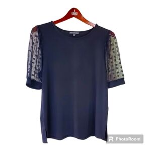 Adrianna Papell Womens Black Short Sleeve Top. Lace sleeves. Size M